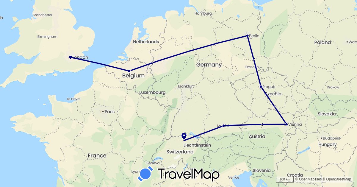 TravelMap itinerary: driving in Austria, Belgium, Switzerland, Czech Republic, Germany, United Kingdom (Europe)